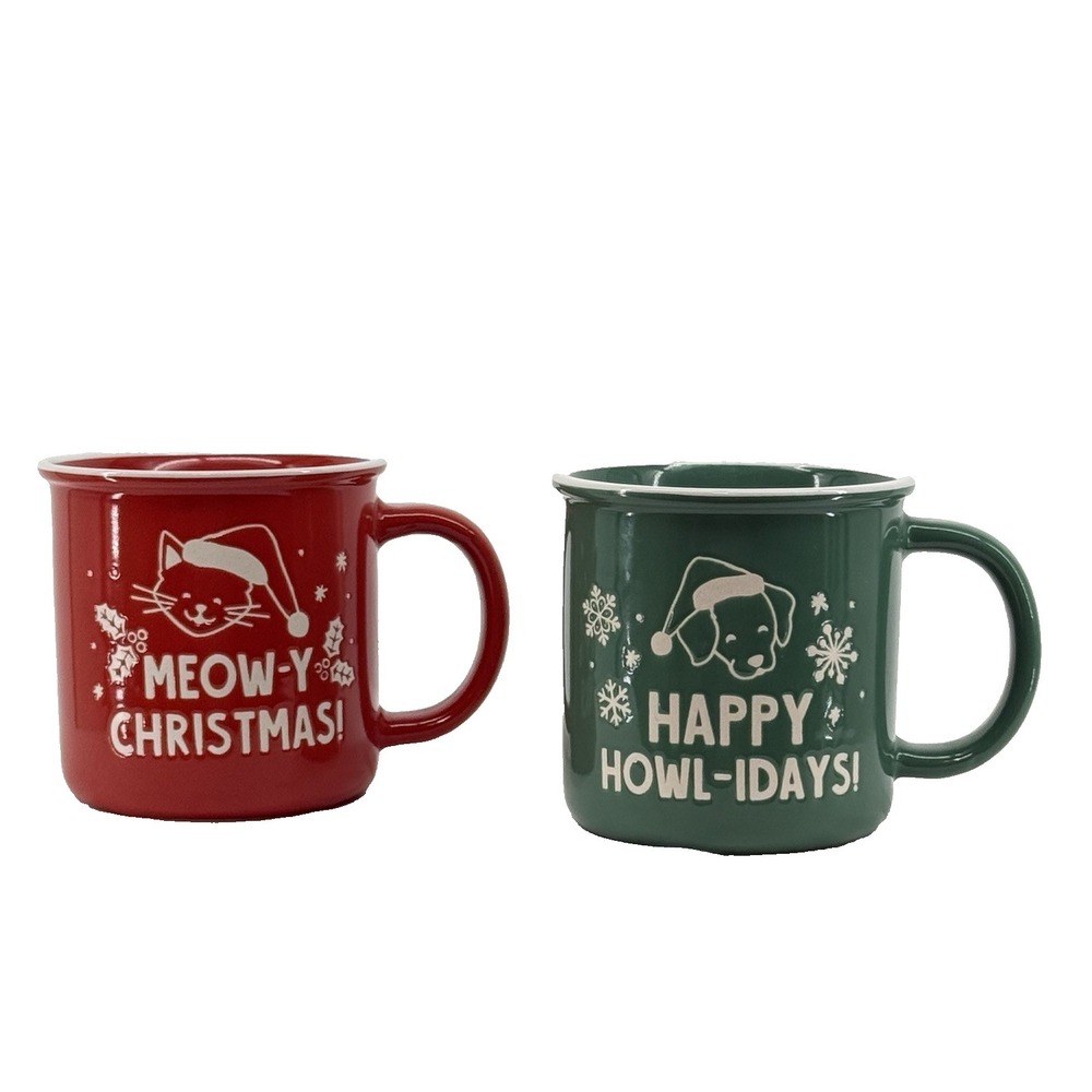 Pet Lovers Dog and Cat Christmas Themed Coffee Mug Gift Set Green Red‎ Holiday